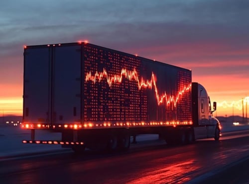 Truck driving road with stock market images on the side