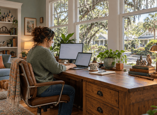 Woman working on a laptop in a Lake Eola Heights home office with fantasy-inspired decor and views of oak trees, palms, and neighboring homes.