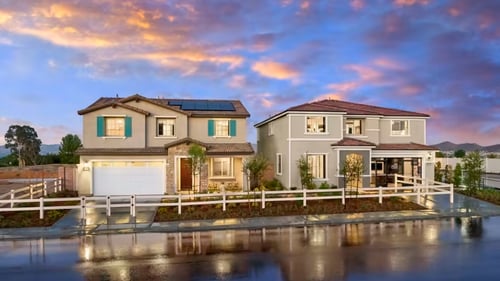 Street view of model homes in Pathway at Cimarron Ridge by Pulte Homes in Menifee, CA.