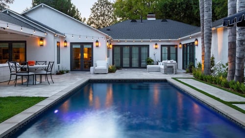 Serene modern courtyard home with a reflective swimming pool, patio seating, palm trees, and warm string lights glowing at dusk.