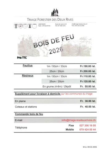 Liste de prix bois feu 2026 / commande par email ou au 079 424 88 44