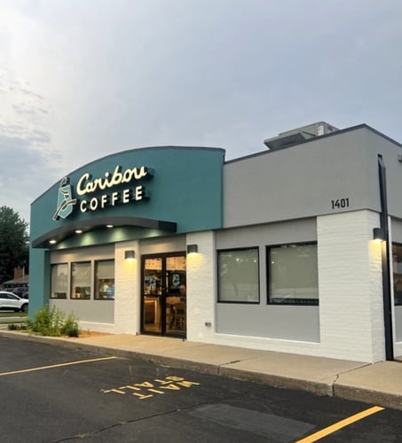 Storefront of the Caribou Coffee at 1401 State Street North in Waseca