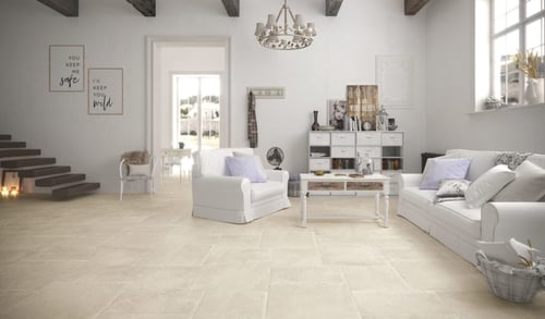 This glazed porcelain tile with a slightly eased edge is available in 5 colors and 3 sizes. Create a 3 piece pattern that’s perfect for large spaces.