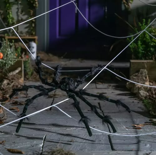 Oversized Halloween spider prop displayed on a garden path with web decorations leading to a front door