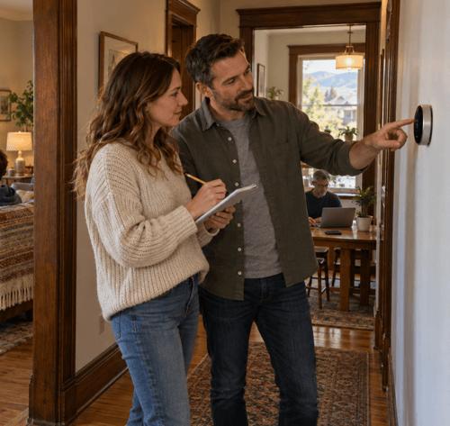Couple counts connected devices beside a smart thermostat while family members play a racing game and use a laptop in nearby rooms.