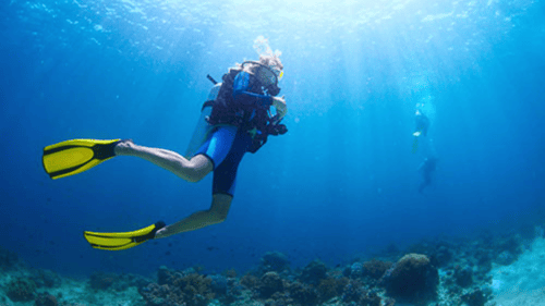 person underwater scuba diving
