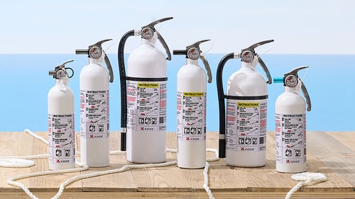 a selection of marine-rated fire extinguishers from Kidde