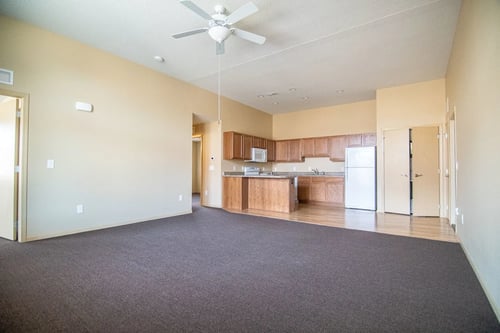 Spacious living room with kitchen, The Cottages at Johnston Commons, Johnston, IA