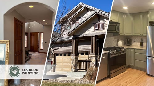 Split images of modern house exterior and interior paintings.