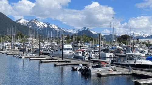 dock with a lot of boats with large mountains in the background