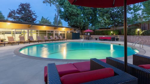 apartment complex with pool at Palo Alto Place, Palo Alto, CA