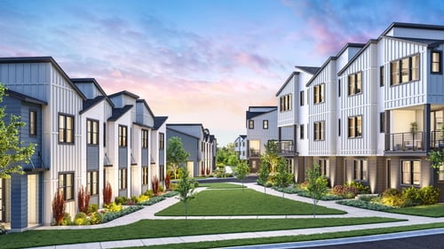 Front doors open to the community greenspace and walking paths