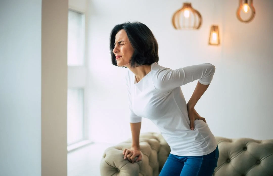 woman bending over holding back in pain