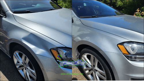 Before and after paintless dent repair on a silver sedan in keller tx