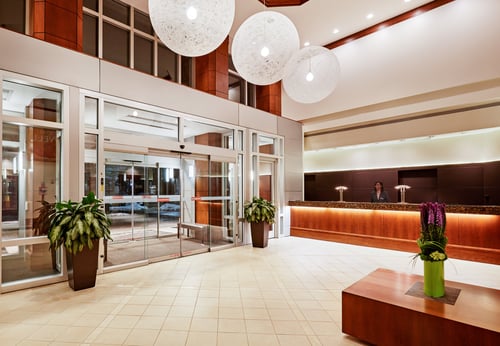Warm and intimate lobby with easy access to all guest amenities