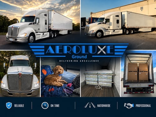 AeroLuxe Ground Inc. white semi truck and 53-foot dry van providing professional freight transportation, trucking, and nationwide logistics services.