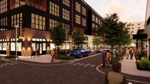 Rendering of the street with the apartment building at The Union Flats at Fishers District in Fishers, IN
