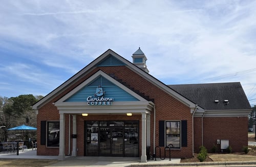 Storefront of the Caribou Coffee at 2606 Bragg Boulevard in Fayetteville