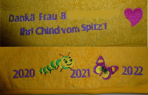 Stickerei Kindergartenabschiedsgechenk auf Frottiertuch