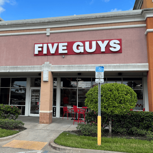 Entrance to the Five Guys restaurant at 2185 SE Federal Hwy in Stuart Florida.