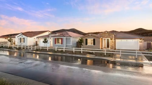 Street view of model homes in Trellis at Cimarron Ridge by Del Webb in Menifee, CA.