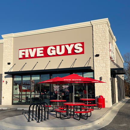 Exterior image of the Five Guys restaurant at 9441 North Garnett Road in Owasso Oklahoma.
