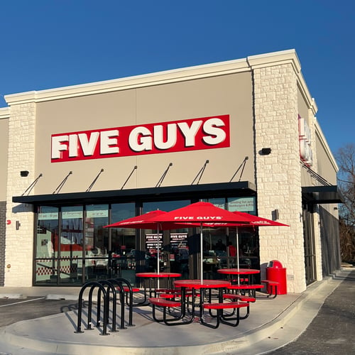 Exterior image of the Five Guys restaurant at 9441 North Garnett Road in Owasso Oklahoma.