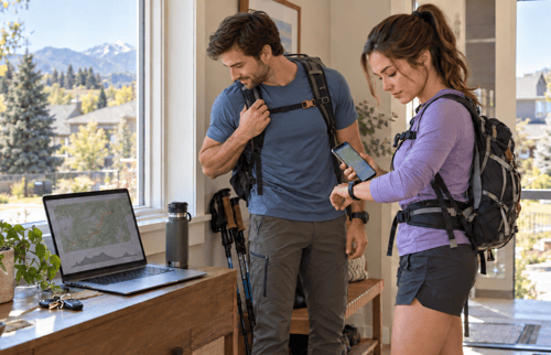 Friends preparing for a hike at home, with a man viewing a laptop trail map and a woman checking her fitness watch while holding a phone.