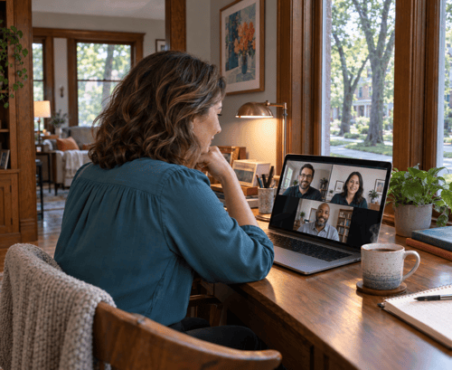 Woman joining a laptop video call from a sunlit home office in Omaha’s Dundee neighborhood, with tree-lined streets visible through the windows.