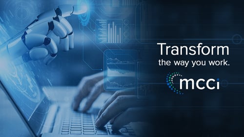 Transform the way you work - MCCi logo with robot hand coming out of a computer screen.