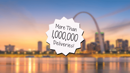St. Louis, Missouri skyline from the river overlaid with text that reads, "More than 1,000,000 deliveries!"
