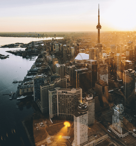 Aerial view of downtown Toronto at sunset.