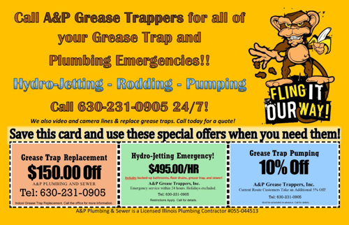 A&P Grease Trappers, offers,  Hydro-jetting, Rodding, Pumping, Monkey, Banana, logo