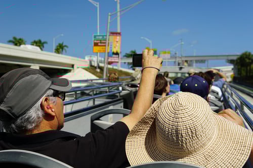 People on a tour bus taking photos