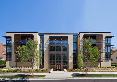 Modern apartment building exterior with balconies at Ten Select Apartments, Arlington, 22201
