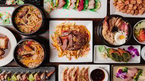 Wakatobi Variety of noodles, soup, seafood, sushi rolls, and gyoza dishes