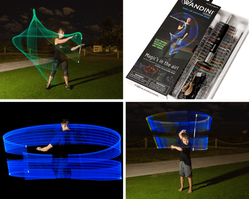 Wandini Glow.0 Magic LED Levitation Wand It's a color-changing, awe-inspiring, luminous night wand! Swirl it to create trails of vivid LED light that float in the dark. A full 24" long, with 8 light modes, and a leather hand strap. Includes USB charger.