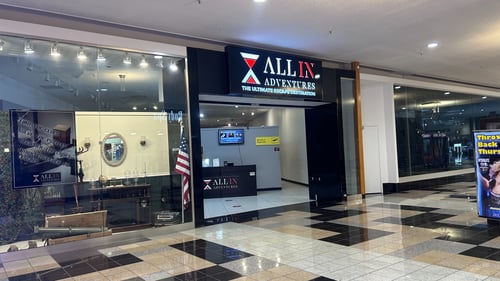 All In Adventures Storefront located at Hampshire Mall in Hadley, MA with multiple escape room themes that are perfect for all ages.