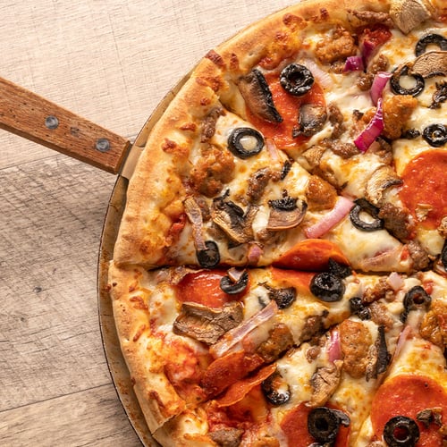 Large Round Up Pizza. Try our Pizza Ranch staple, the Round Up! Beef, Italian Sausage, Pepperoni, Onion, Black Olive and Mushroom. Doesn't get any better than that!