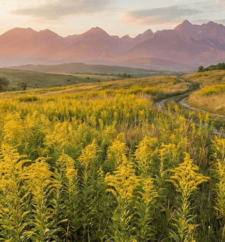 Yellow wildflowers cover a vast field under a soft pink and orange sunset, with distant mountains creating a serene, peaceful atmosphere.