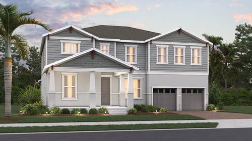 new two-story home with covered door, dual garages, and gray exterior