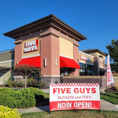 Exterior photograph of the Five Guys restaurant at 8540 South 71 Street Plaza in Papillion Nebraska.