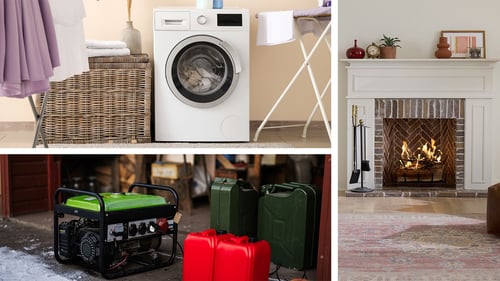 Three images of sources of co: a dryer, a fireplace, and a generator.