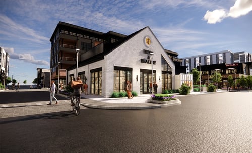 Rendering of the street with the apartment building at The Union Flats at Fishers District in Fishers, IN