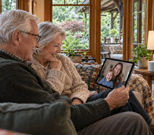 Older couple smiles during a video call with family on a tablet in their Portland sunroom overlooking a lush garden.