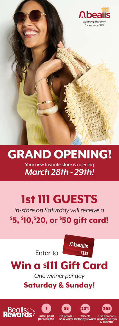 Grand Opening banner for bealls in Vidor. TX. Store Opens March 28th with giveaways!