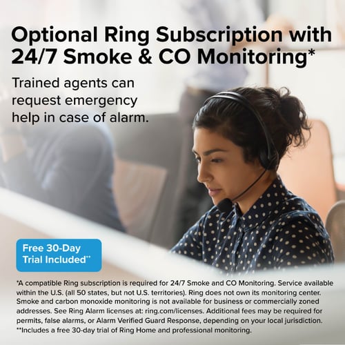 Optional Ring Subscription with 24/7 Smoke & CO Monitoring