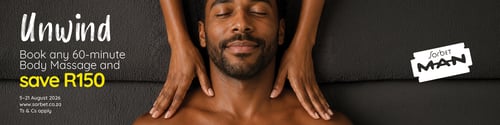 Sorbet Man promotional advert featuring a man with his eyes closed enjoying a shoulder massage while lying on a dark massage table.