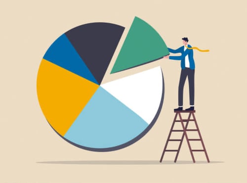 Man on a ladder putting together a circle graph