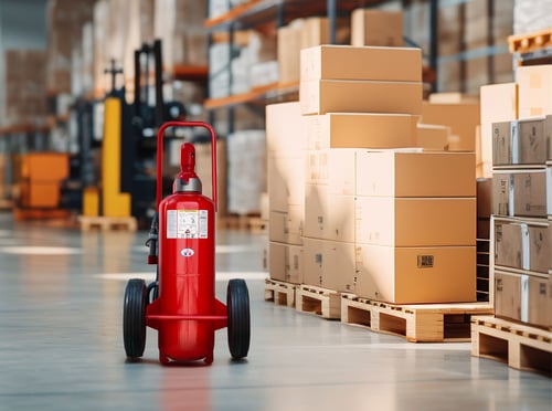A wheeled fire extinguisher sitting next to boxes
